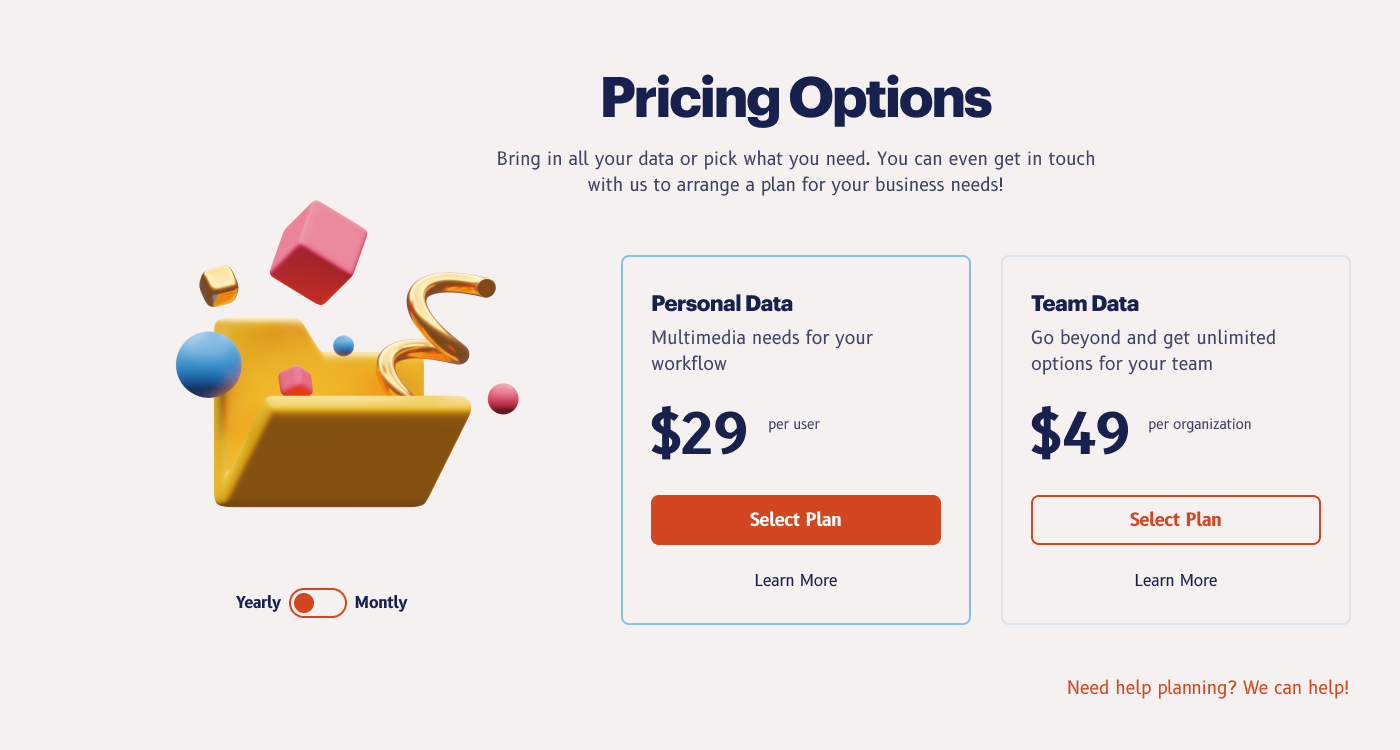 Pricing options page